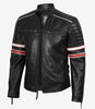 Men's Black Lambskin Leather Biker Style Jacket - White and Red Striped