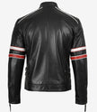 Men's Black Lambskin Leather Biker Style Jacket - White and Red Striped