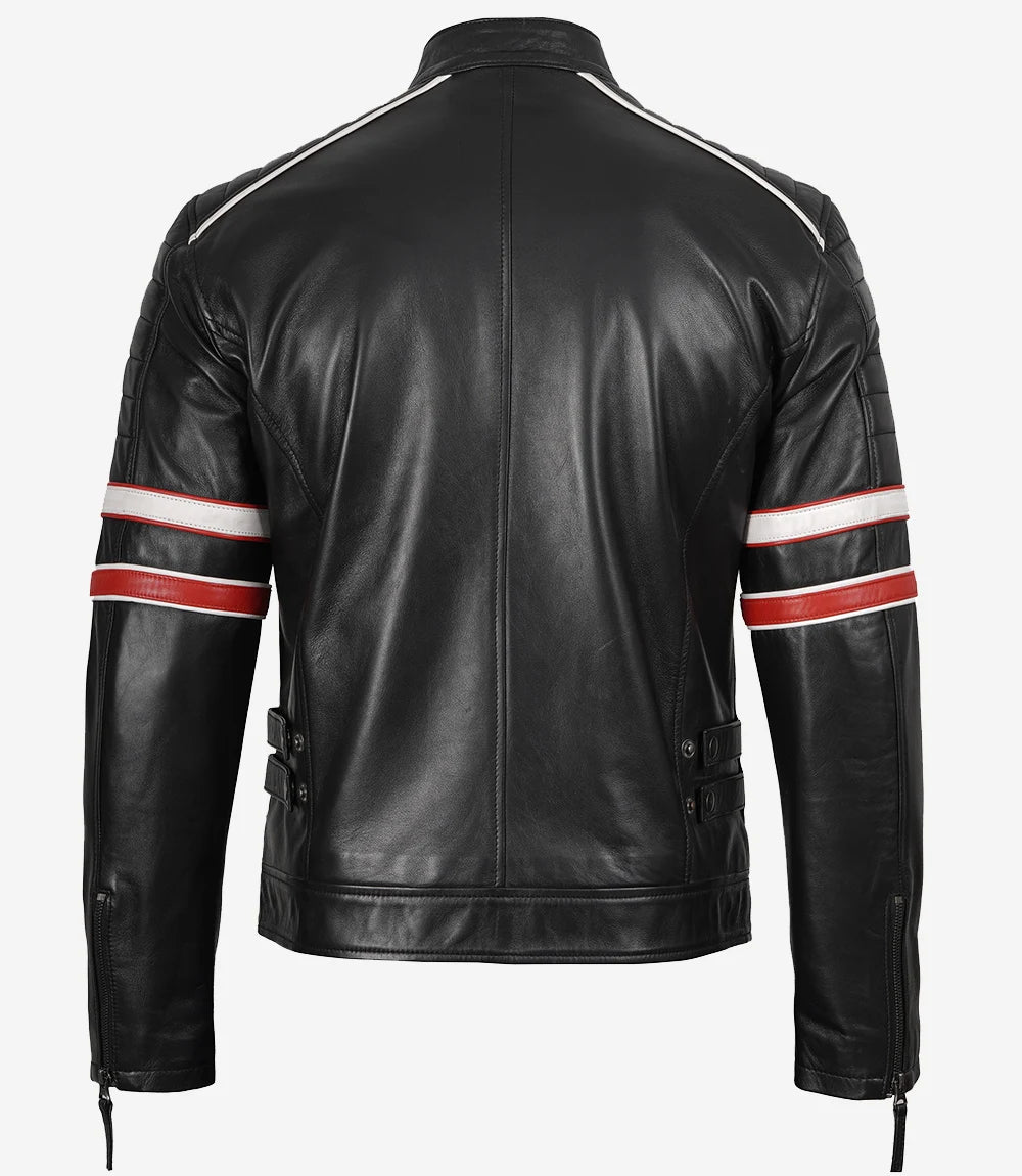 Men's Black Lambskin Leather Biker Style Jacket - White and Red Striped