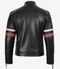 Men's Black Lambskin Leather Biker Style Jacket - White and Red Striped