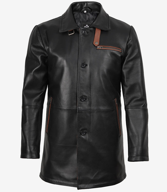 Men's Black Leather Coat With Brown Detailing