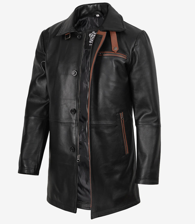 Men's Black Leather Coat With Brown Detailing