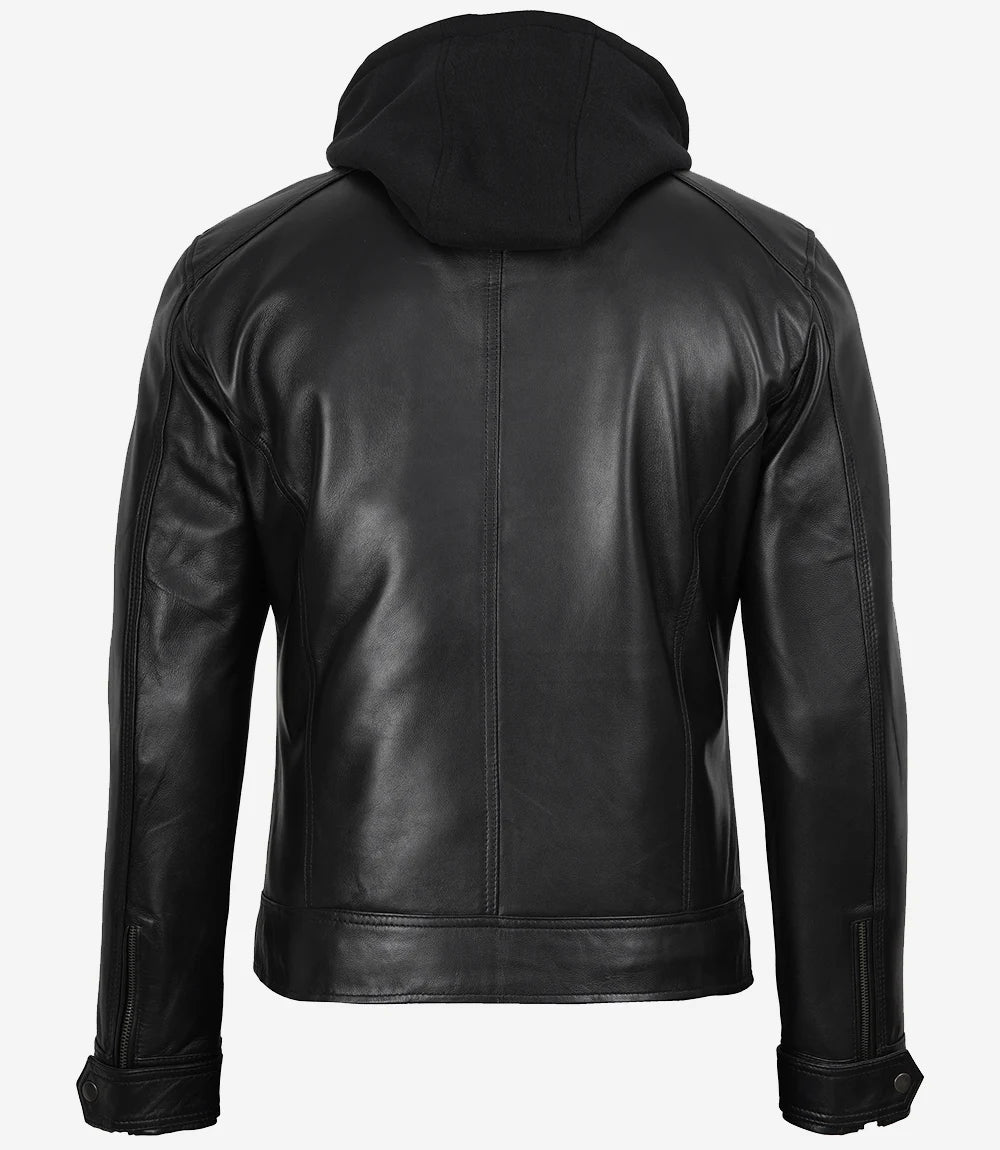 Men's Black Leather Jacket with Removable Hoodie