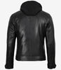 Men's Black Leather Jacket with Removable Hoodie