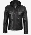 Men's Black Leather Jacket with Removable Hoodie