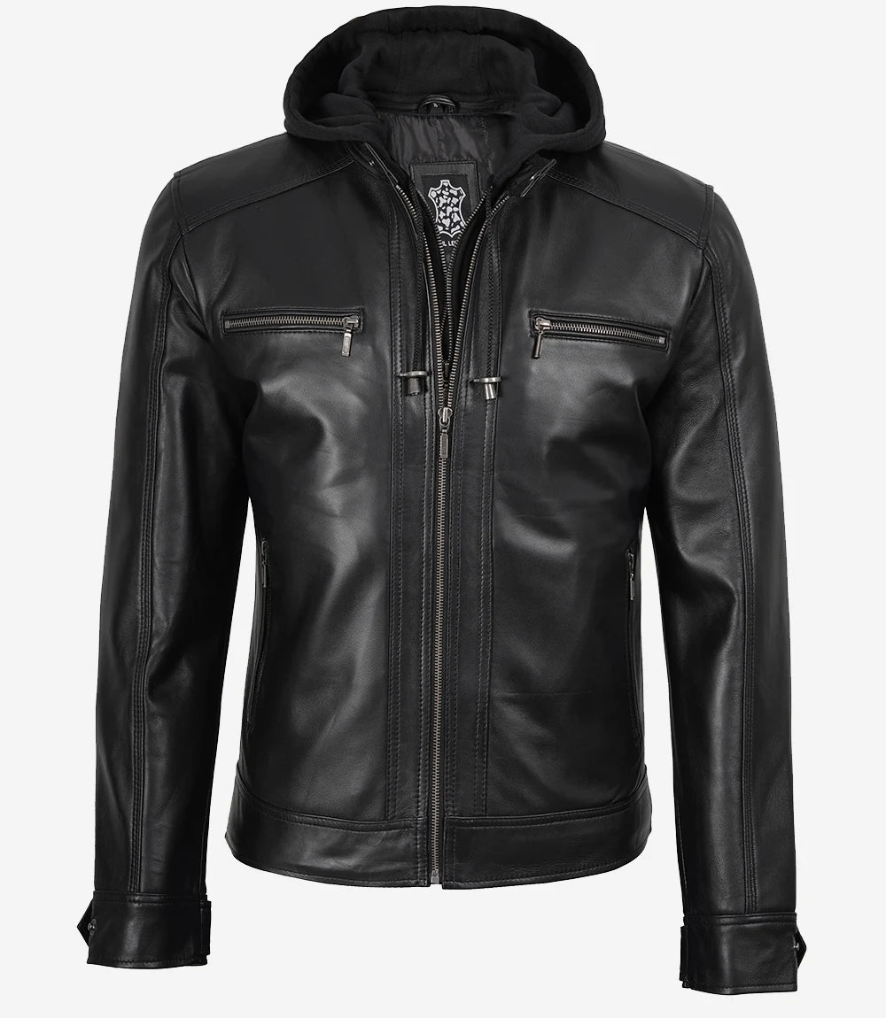 Men's Black Leather Jacket with Removable Hoodie