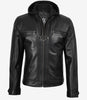Men's Black Leather Jacket with Removable Hoodie