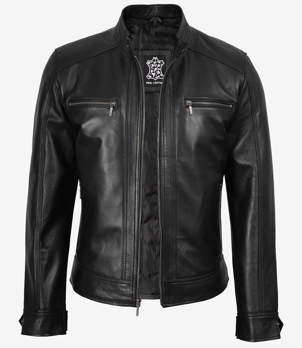 Men's Black Leather Jacket with Removable Hoodie