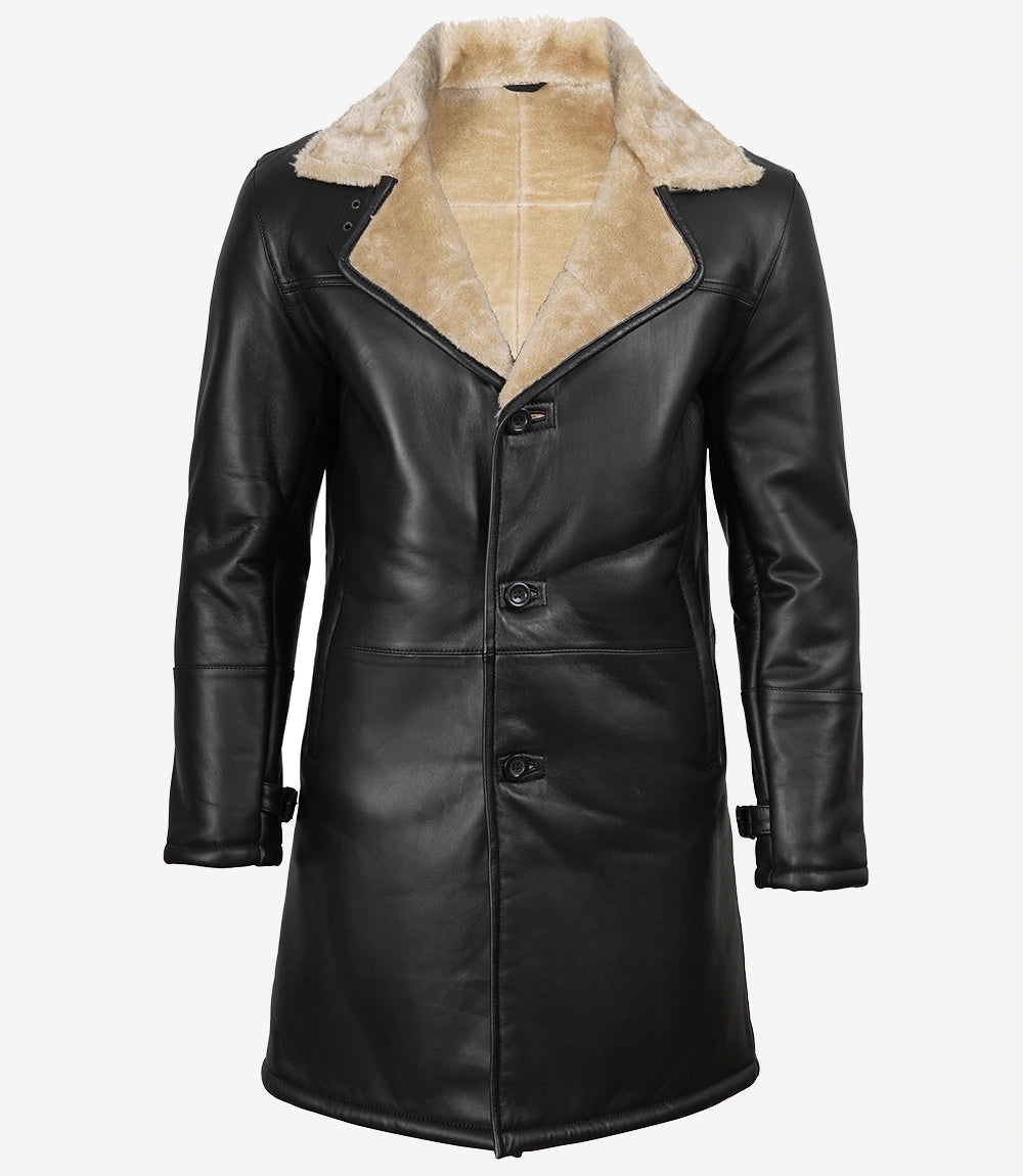 Men's Black 3/4 Length Shearling Leather Coat