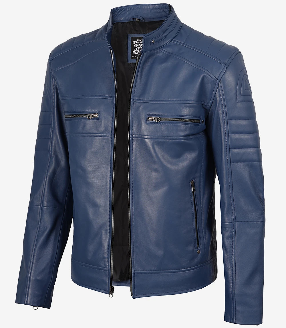 Men's Blue Biker Style Leather Jacket