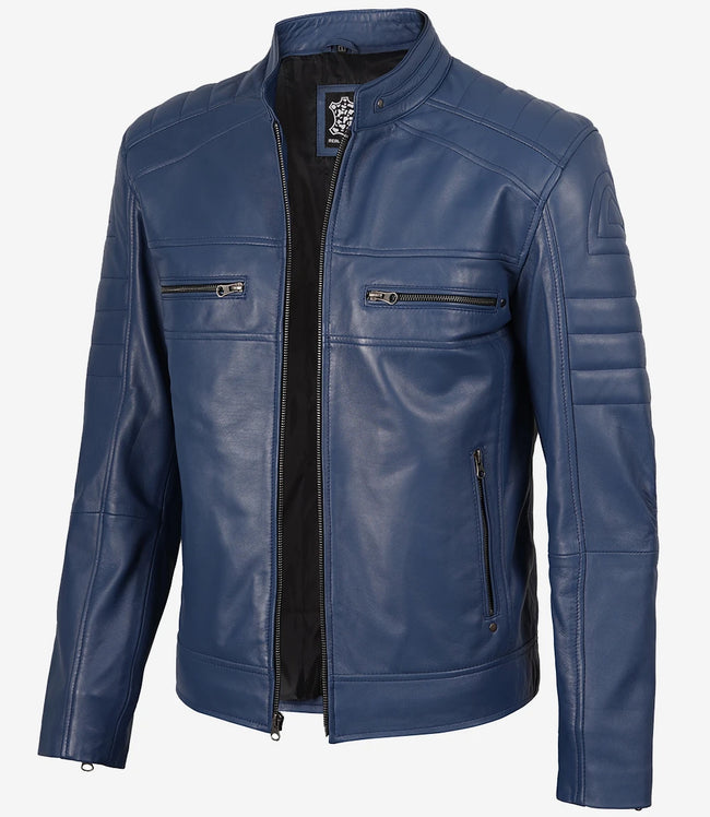 Men's Blue Biker Style Leather Jacket
