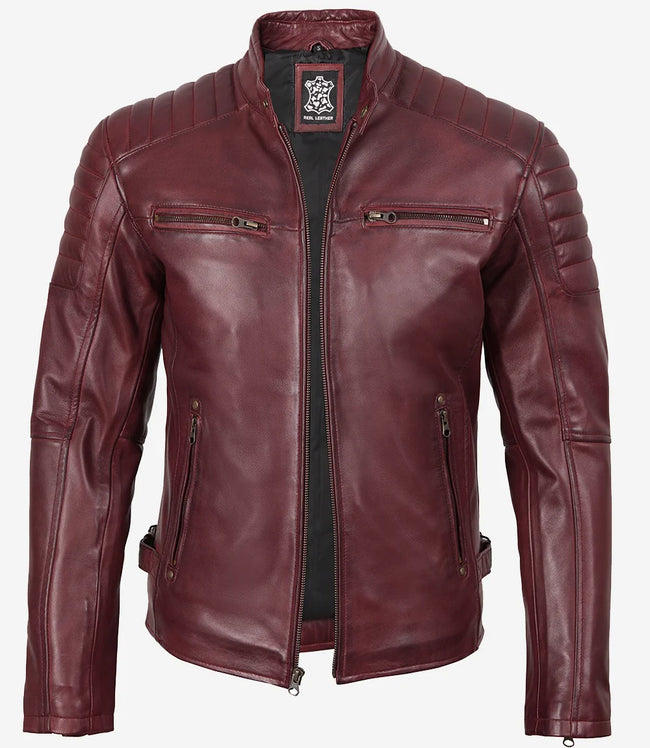 Men's Burgundy Biker Style Leather Jacket