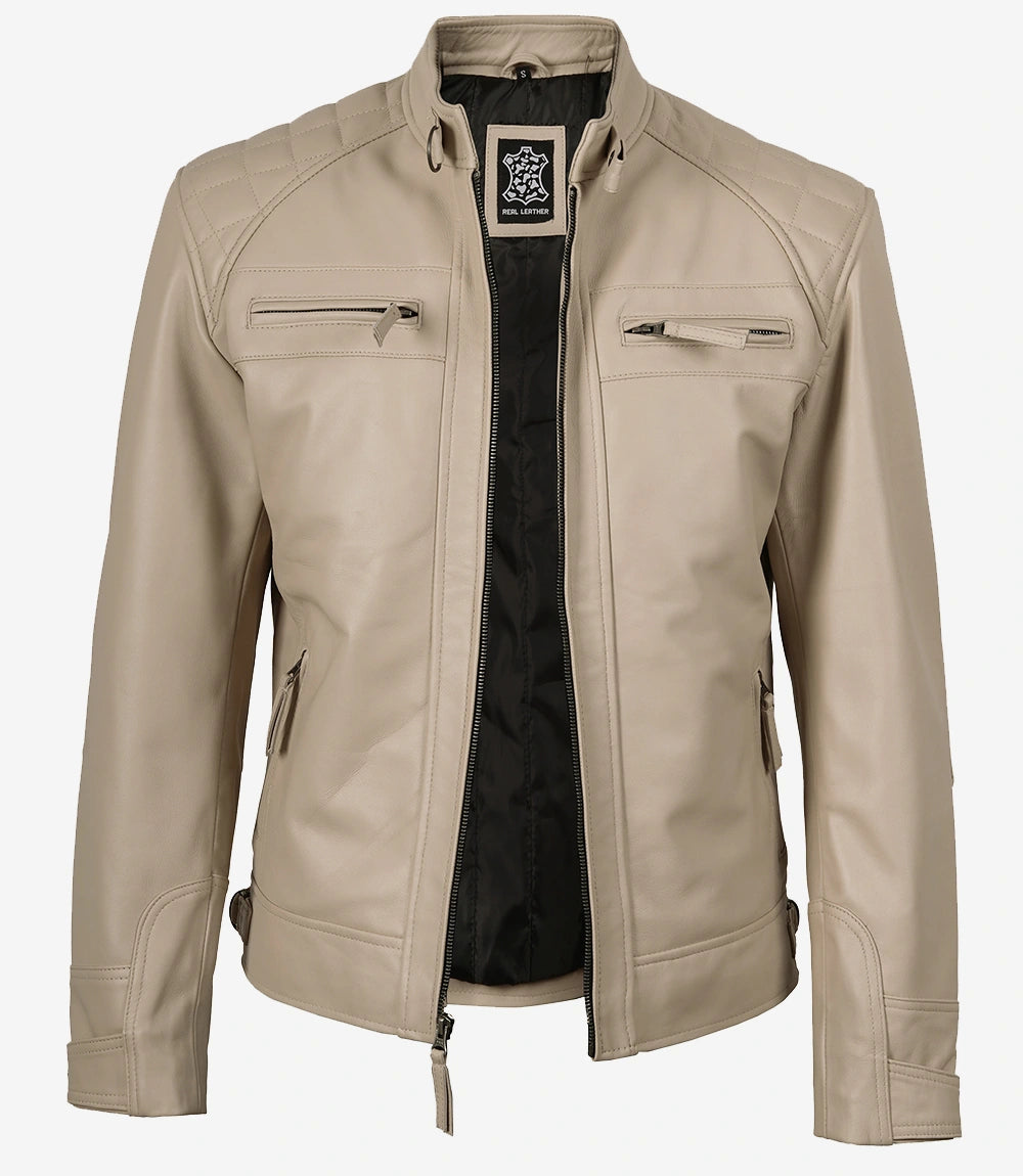 Men's Biker Style Beige Leather Jacket - Quilted Shoulder