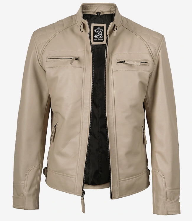 Men's Biker Style Beige Leather Jacket - Quilted Shoulder