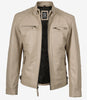 Men's Biker Style Beige Leather Jacket - Quilted Shoulder