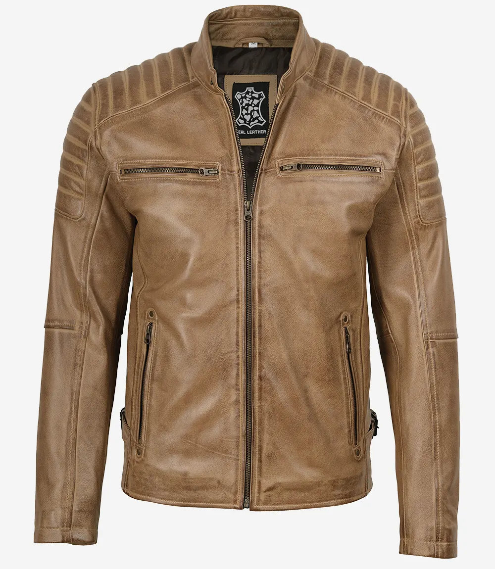 Mens Camel Brown Biker Style Leather Jacket