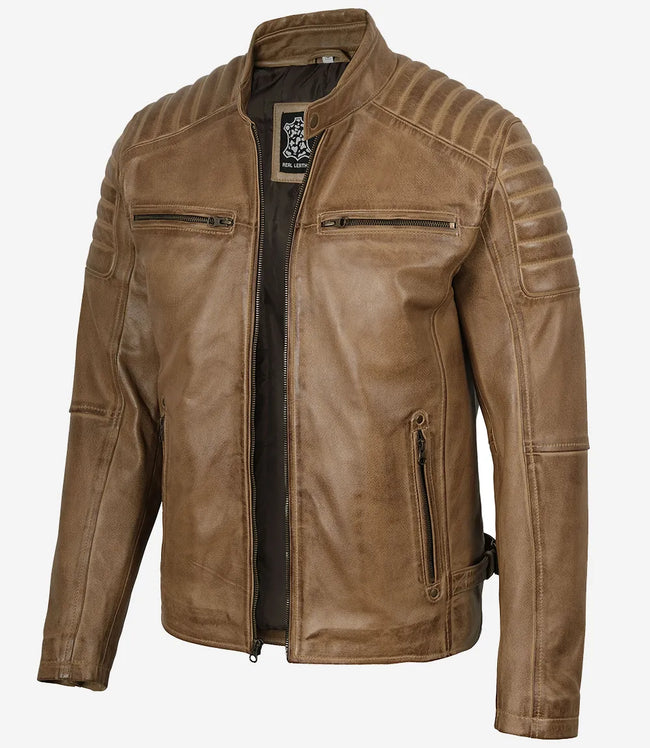 Mens Camel Brown Biker Style Leather Jacket