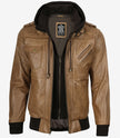 Men's Camel Brown Bomber Leather Jacket (Removable Hood)