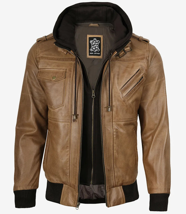Men's Camel Brown Bomber Leather Jacket (Removable Hood)