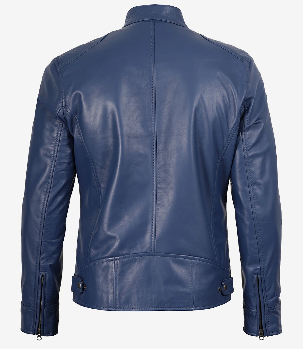 Mens Classic Blue Biker Style Leather Jacket