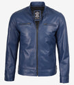 Mens Classic Blue Biker Style Leather Jacket