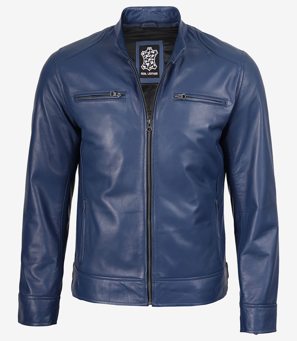 Mens Classic Blue Biker Style Leather Jacket