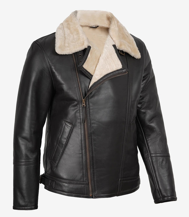 Men's Dark Brown Shearling Biker Style Leather Jacket
