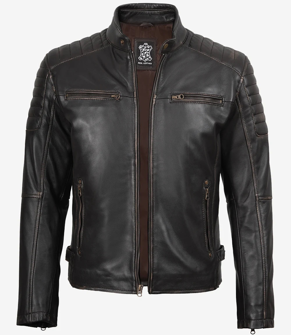 Mens Distressed Brown Biker Style Leather Jacket