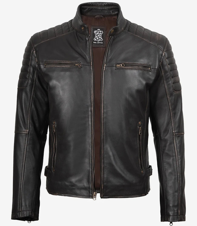 Mens Distressed Brown Biker Style Leather Jacket