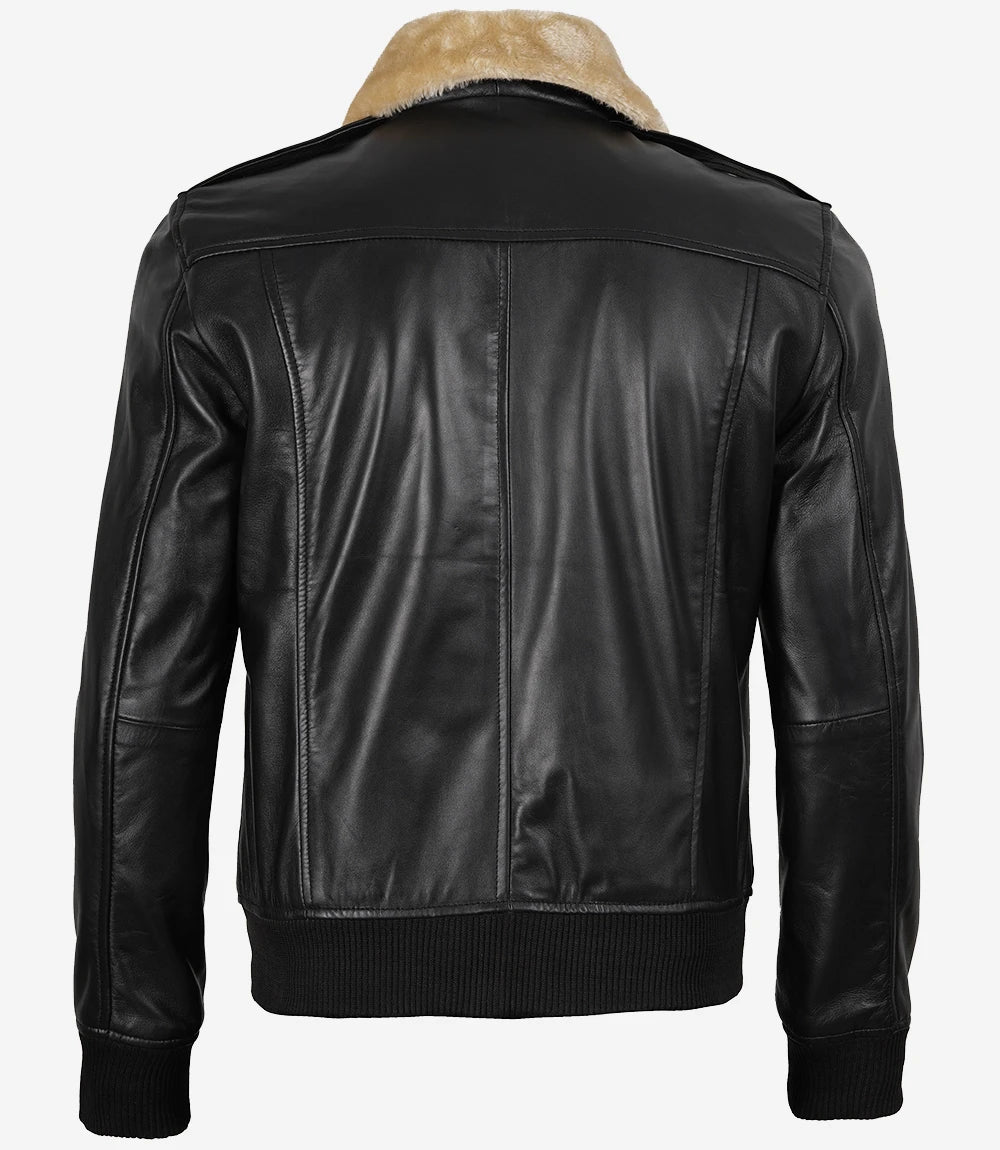 Men's Fur Collar Black Bomber Leather Jacket