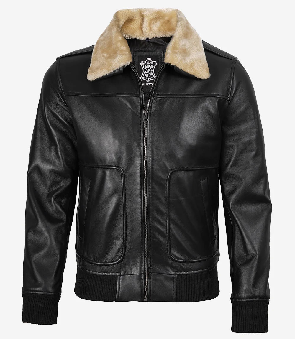 Men's Fur Collar Black Bomber Leather Jacket