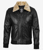 Men's Fur Collar Black Bomber Leather Jacket