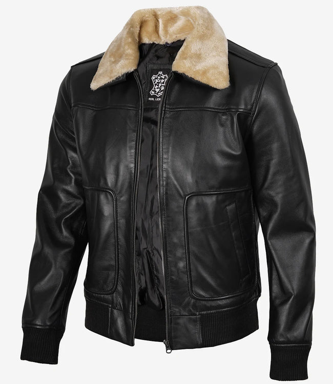 Men's Fur Collar Black Bomber Leather Jacket