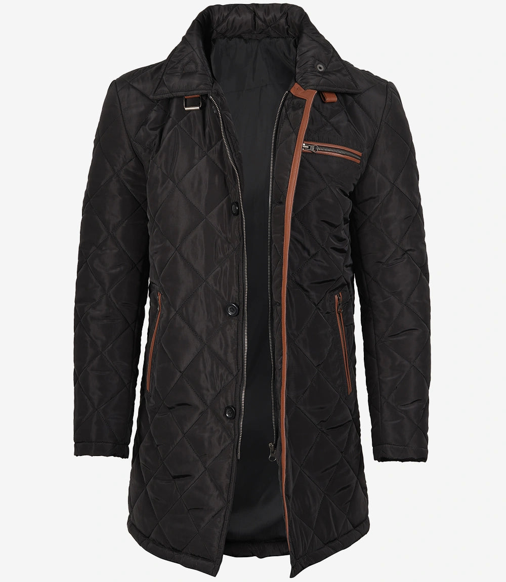 Mens 3/4 Length Black Quilted Polyester Coat With Brown Detailing