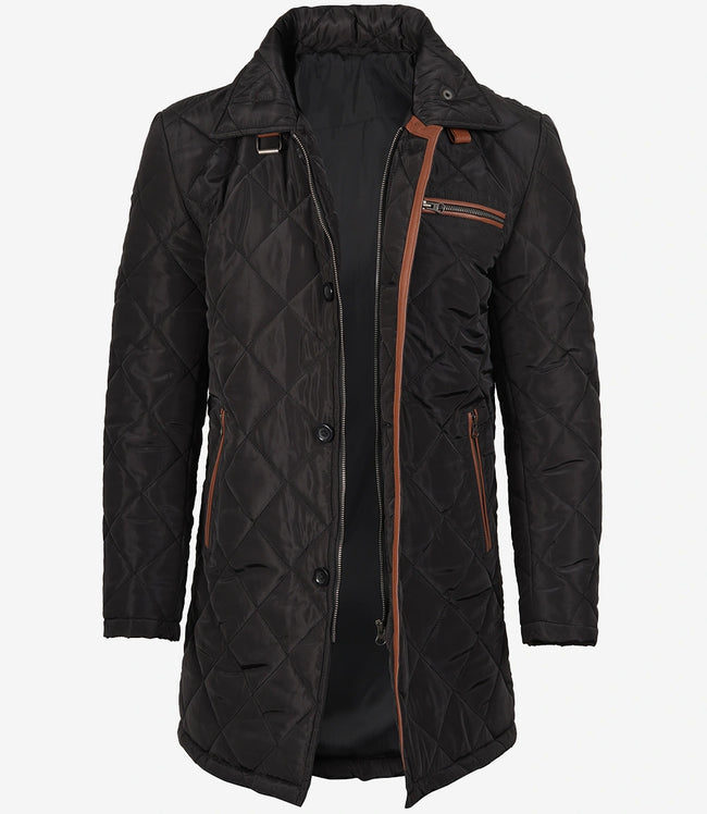 Mens 3/4 Length Black Quilted Polyester Coat With Brown Detailing