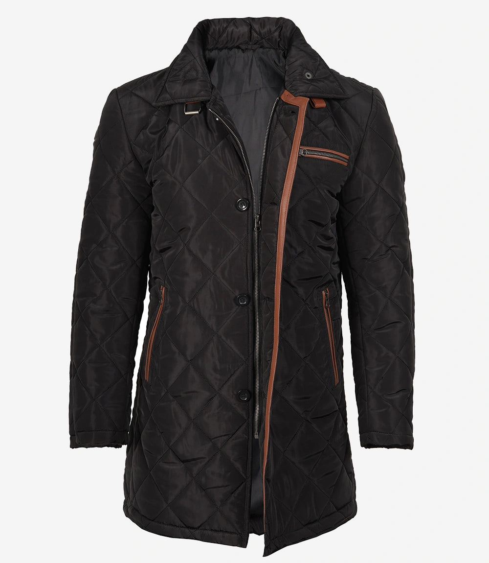 Mens 3/4 Length Black Quilted Polyester Coat With Brown Detailing