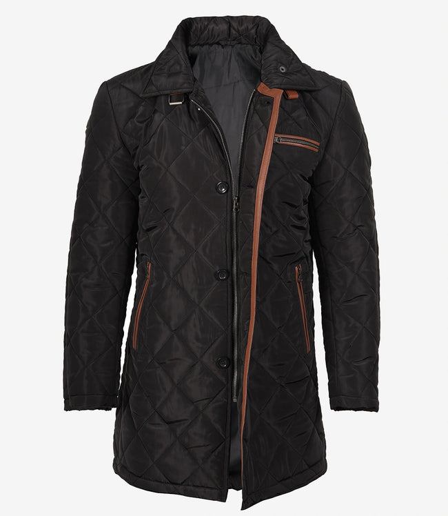 Mens 3/4 Length Black Quilted Polyester Coat With Brown Detailing