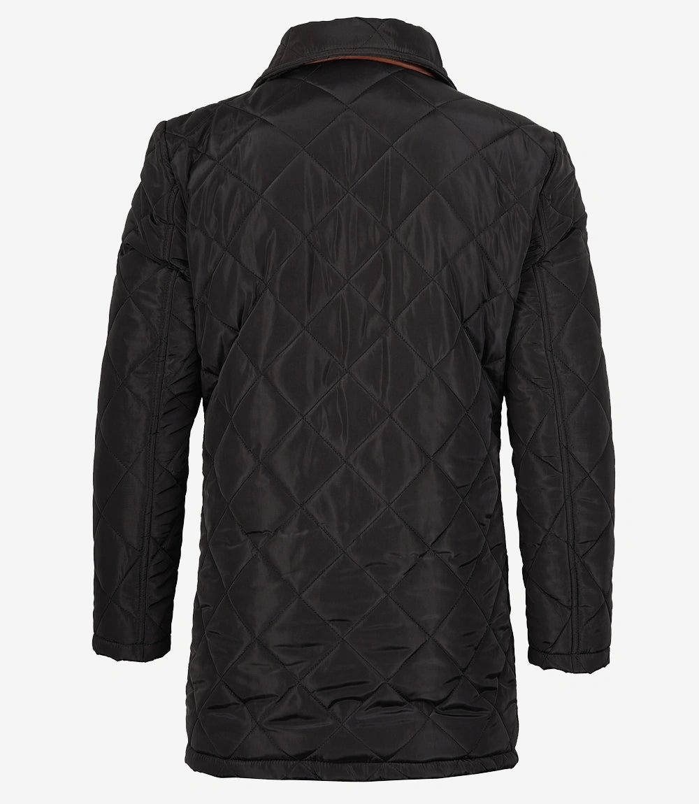 Mens 3/4 Length Black Quilted Polyester Coat With Brown Detailing