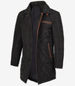 Mens 3/4 Length Black Quilted Polyester Coat With Brown Detailing