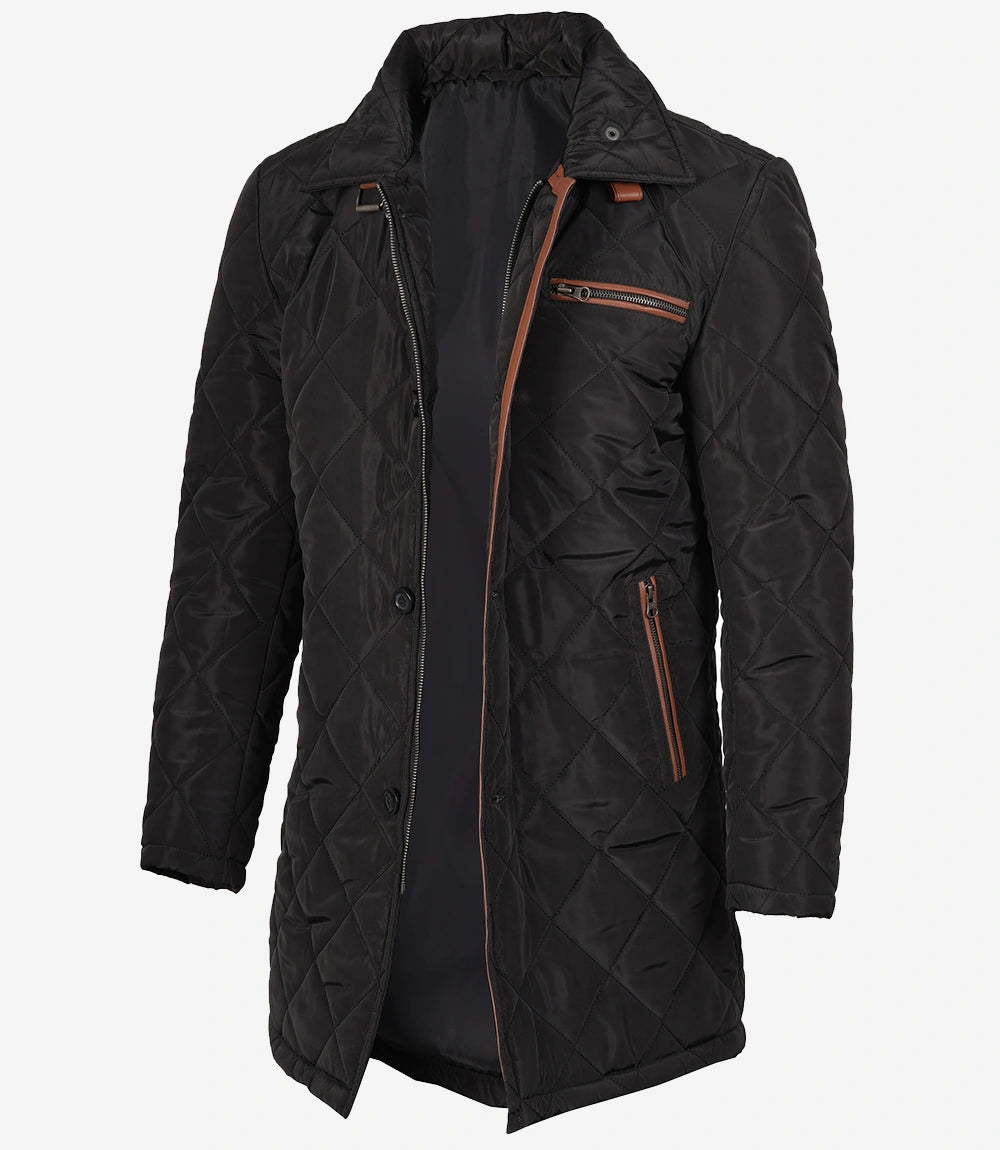 Mens 3/4 Length Black Quilted Polyester Coat With Brown Detailing