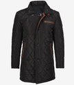 Mens 3/4 Length Black Quilted Polyester Coat With Brown Detailing