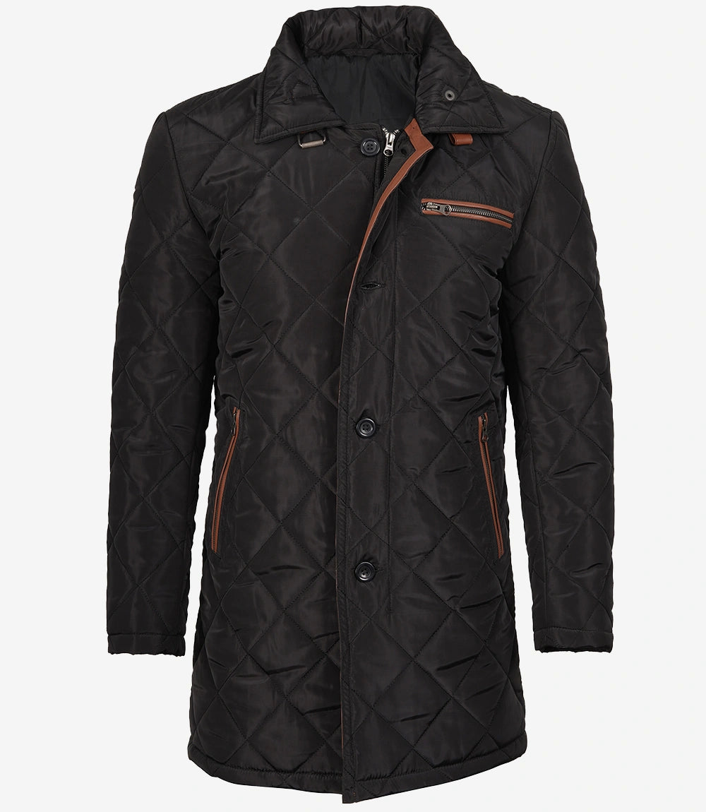 Mens 3/4 Length Black Quilted Polyester Coat With Brown Detailing