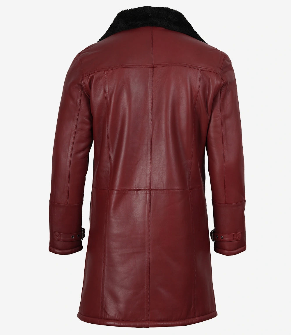 Men's Maroon Leather Coat with Black Shearling