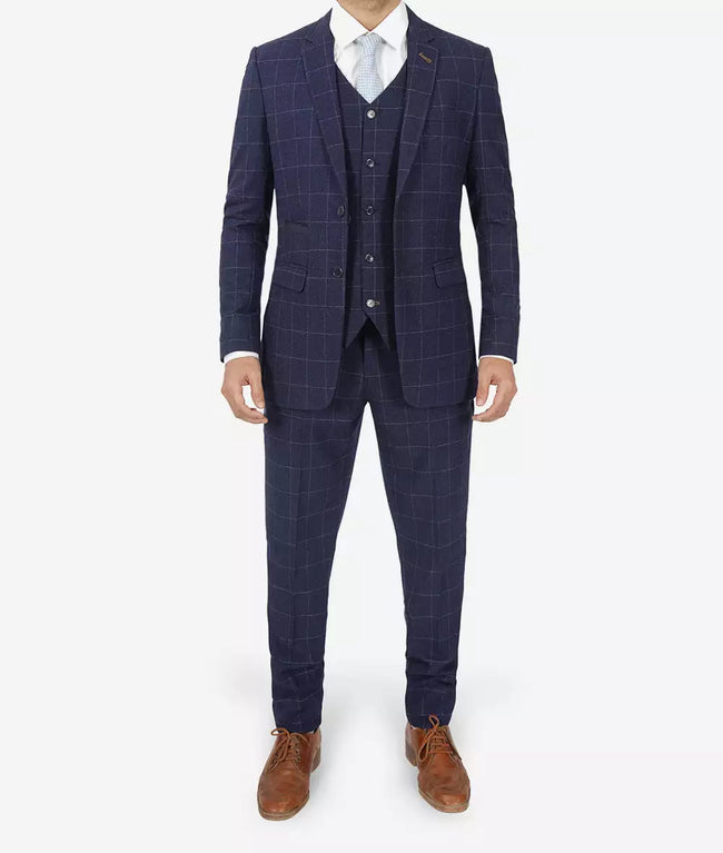 Mens Three Piece Navy Blue Herringbone Suit
