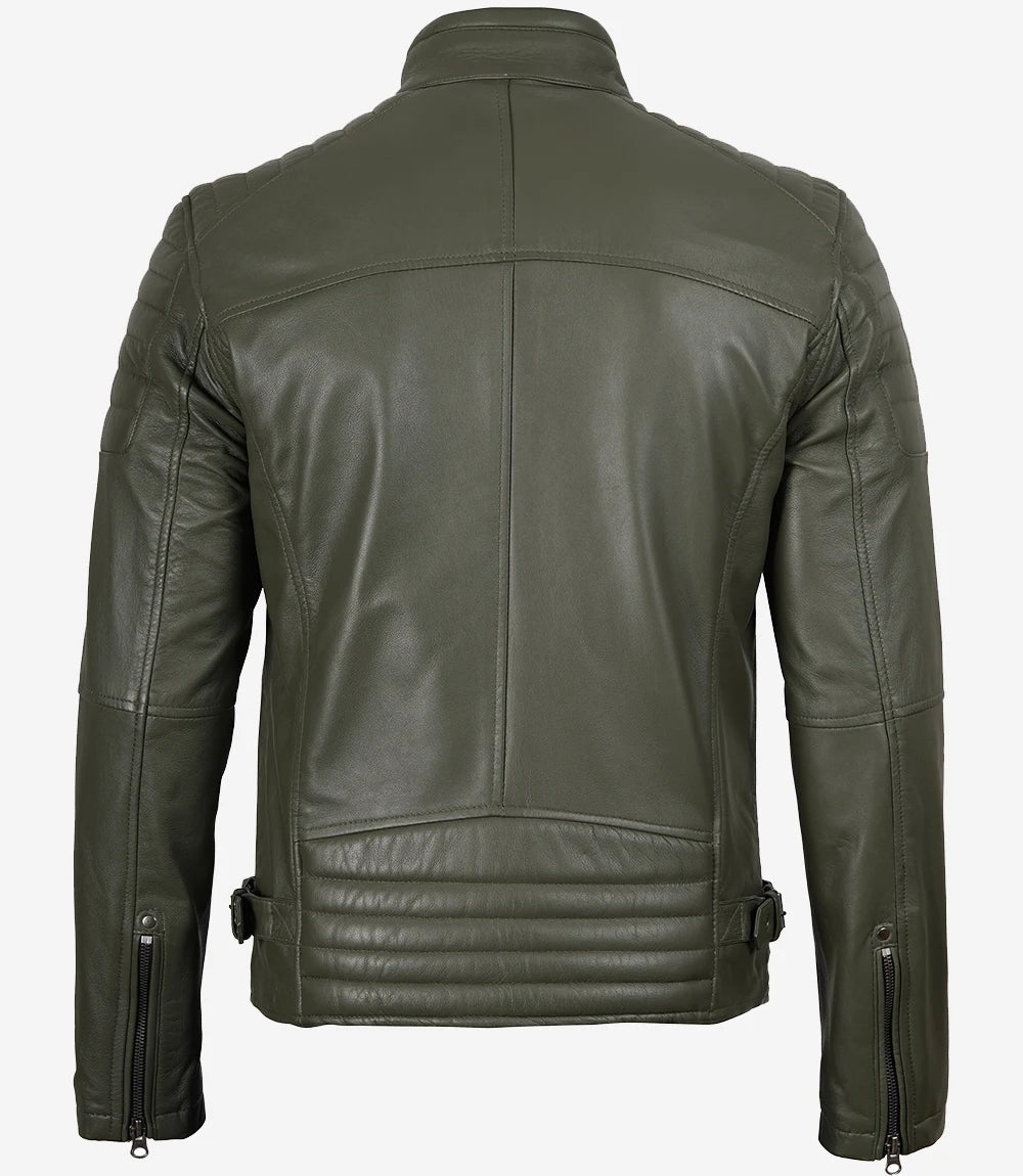 Mens Olive Green Biker Style Leather Jacket