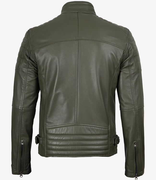 Mens Olive Green Biker Style Leather Jacket