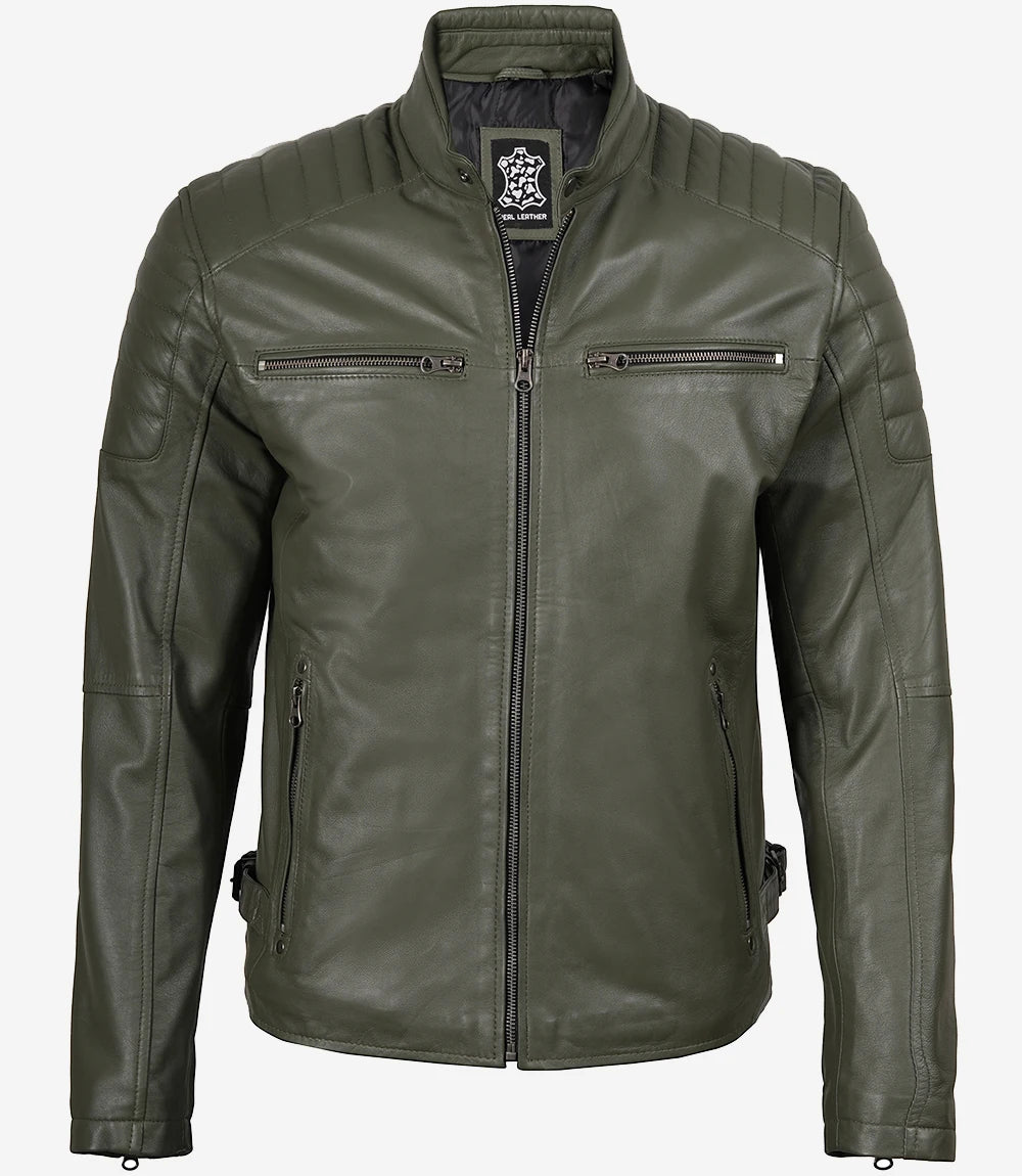Mens Olive Green Biker Style Leather Jacket