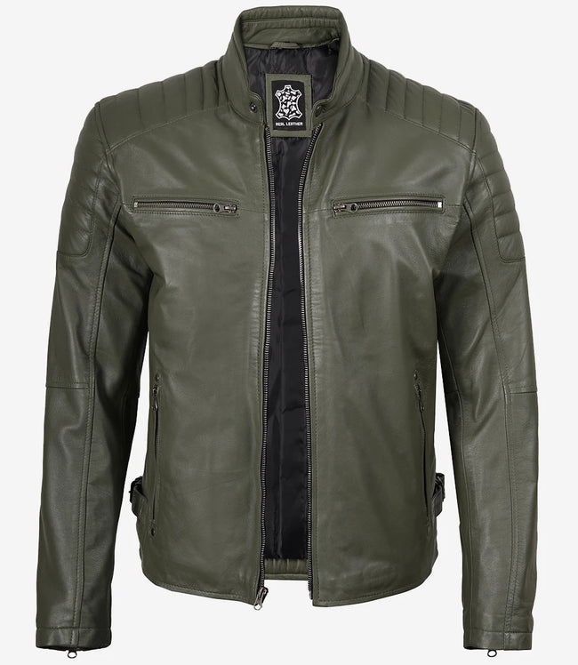 Mens Olive Green Biker Style Leather Jacket