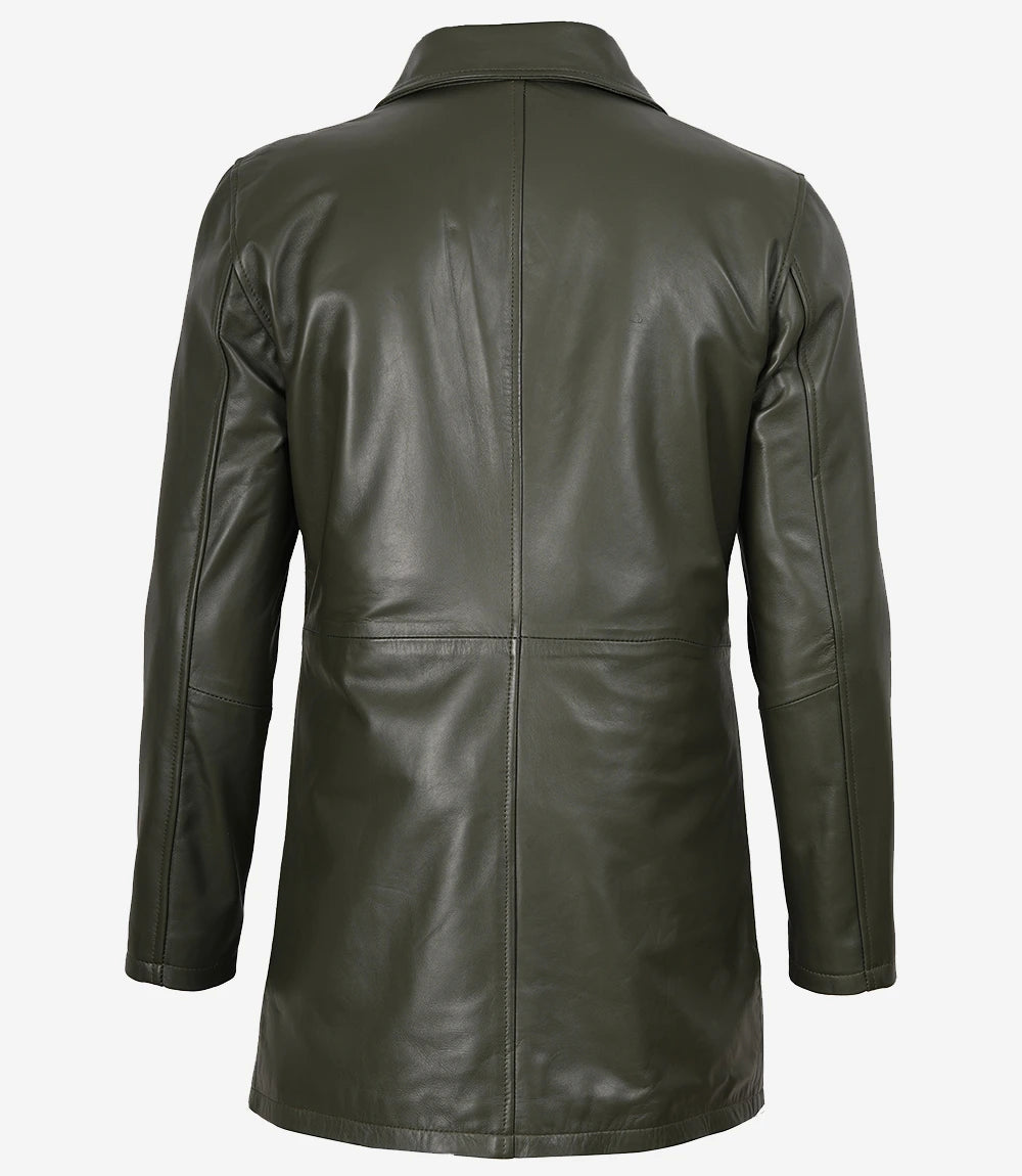 Men's Olive Green 3/4 Length Leather Car Coat