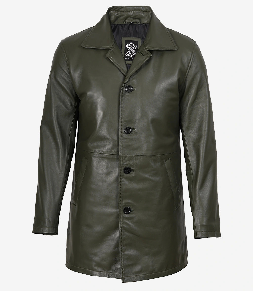 Men's Olive Green 3/4 Length Leather Car Coat